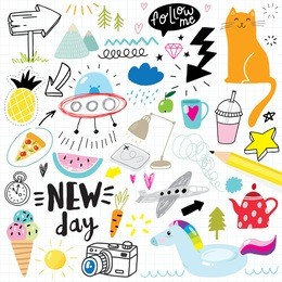 cute hand drawn doodle set with icons and design elements