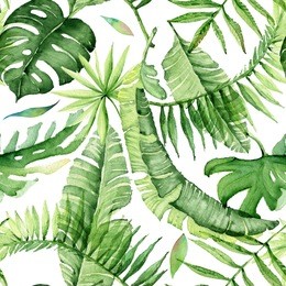green palm leaves on the white background. tropical watercolor illustration. jungle foliage. 