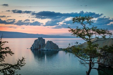 lake baikal, olkhon island, shaman rock, sunset, landscape, summer