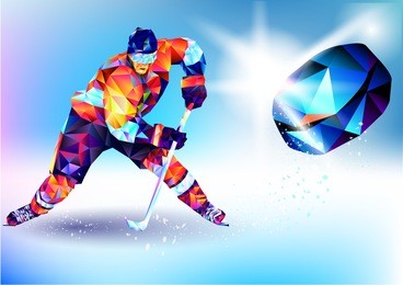 silhouette of coloured triangles hockey player with stick and puck