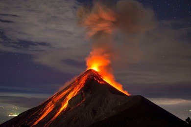volcano eruption at night - volcano fuego in antigua, guatemala