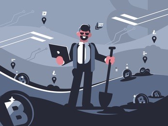 digital miner of crypto currency. successful modern businessman. vector illustration