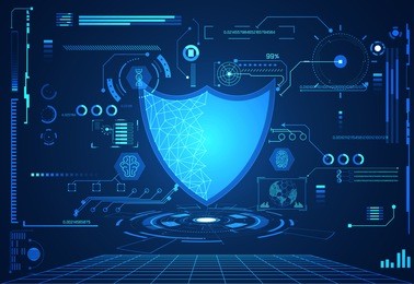 abstract technology science concept protection shield digital : hud interface elements of medicine analysis fingerprint,brain,dna and percent vitality innovation on hi tech future design background