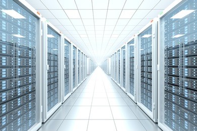 design element. 3d illustration. rendering. server room in data center full of telecommunication equipment. internet. big data storage. cloud computing technology