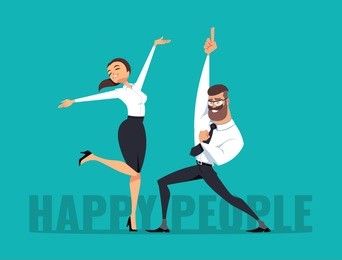 business man and business woman celebrating success. vector illustration, izolated on blue background.