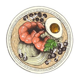 ramen top view vector illustration. asian food. ramen hand drawn. vintage vector illustration. cartoon style.