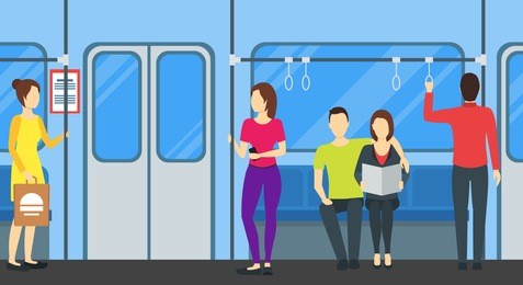 cartoon people in subway train card poster underground transport concept flat design style. vector illustration of metro transportation