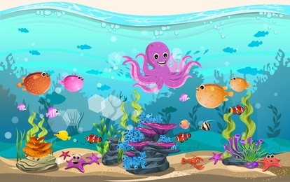 marine habitats and the beauty of coral reefs. there are anemones, fish, puffer fish and octopus funny.