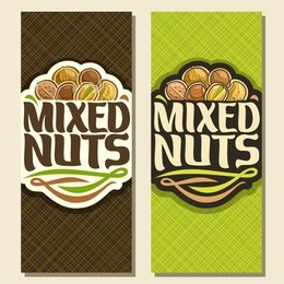 vector banner for nuts, cut sign with pile of walnut, australian macadamia, sweet almond, forest hazelnut, cracked pistachio, peanut in nutshell, veg mix label with text mixed nuts for vegan store