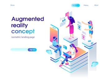 virtual augmented reality glasses concept with people learning and entertaining. landing page template. 3d vector isometric illustration.