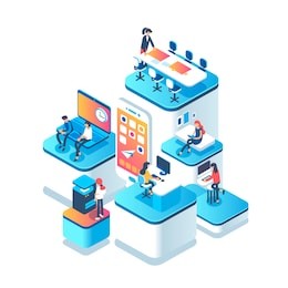 people work in a team and achieve the goal. startup concept. launch a new product on a market. isometric illustration.