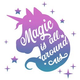 inspiring watercolor unicorn head silhouette with positive phrase lettering magic and star on white background. vector illustration. 