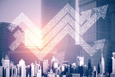 abstract digital arrows on city background. technology, success and growth concept. double exposure 