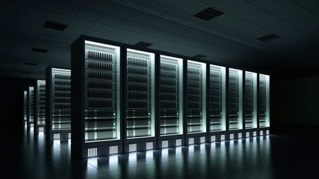 data center in the dark with glowing servers 3d rendering