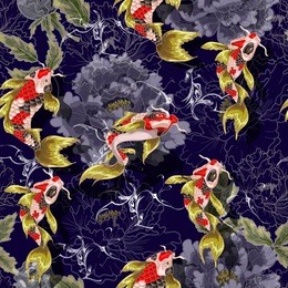 seamless pattern with fish and peonies. colorfull illustration  