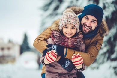 handsome young dad and his little cute daughter are having fun outdoor in winter. enjoying spending time together. family concept.