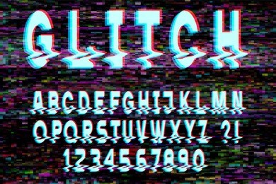 trendy glitch distorted font letters and numbers. vector set with broken pixel effect,old distorted tv matrix effect. video game alphabet in retro style