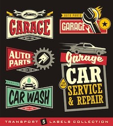 car labels, signs, emblems, logos and stickers collection. garage, car service, auto parts, car wash. vector set.