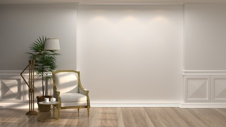 white armchairs and lamp in front of a white wall minimal style in empty room vintage style,3drendering luxury living room modern mid century room interior home design