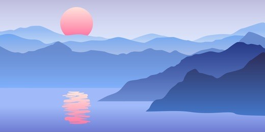 nature vector background, landscape with mountains and sun. panorama of mountains, wilderness, sands, valley on sunset or sunrise.