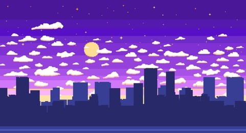 pixel art game background with road, ground, sunset, landscape, sky, clouds, silhouette city, stars and moon. background with gradient.