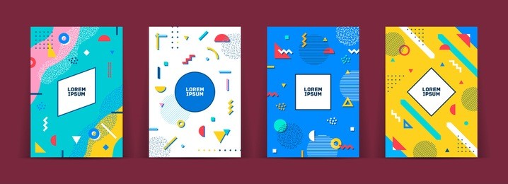 set of neo memphis style covers. collection of cool bright covers. abstract shapes compositions. vector.