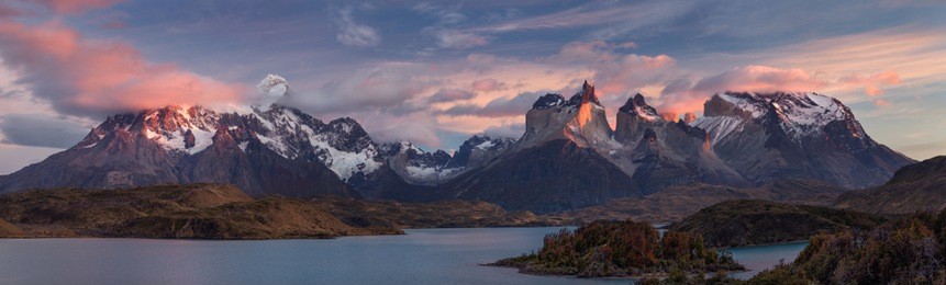 the torres del paine national park sunset view. torres del paine is a national park encompassing mountains, glaciers, lakes, and rivers in southern patagonia, chile.