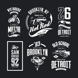 vintage hot rod, motorcycle, pickup and sports car vector t-shirt logo isolated set. premium quality brooklyn logo tee-shirt emblem illustration. detroit street wear retro number tee print design.