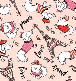 french style dog seamless pattern on pink background. cute cartoon parisian dachshund and eiffel tower vector illustration. french style dressed dog with red beret.