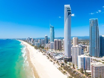 surfers paradise aerial view on a clear day on the gold coast with blue water