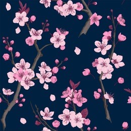 sakura. seamless pattern. pink cherry blossom branches. vector botanical illustration. 