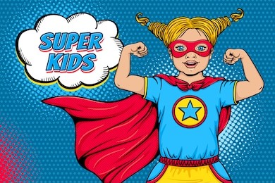 wow face. cute surprised blonde little girl dressed like superhero with open mouth shows her power and super kids speech bubble. vector illustration in retro pop art comic style. invitation poster.