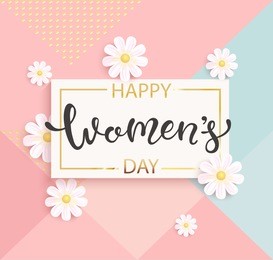 card for women's day with handdrawn lettering in gold square frame on geometric background pastel colors with beautiful flowers. vector illustrate template, banner, flyer, invitation, poster.