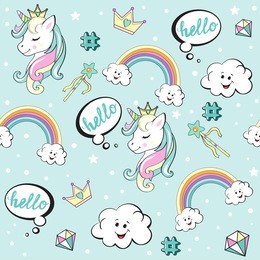 beautiful unicorns pop art on the clouds seamless pattern on a blue background
