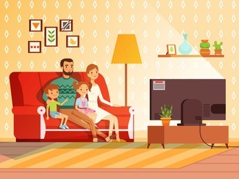 lifestyle of modern family. mother, father and children watching tv. family father mother and children watch tv. vector illustration