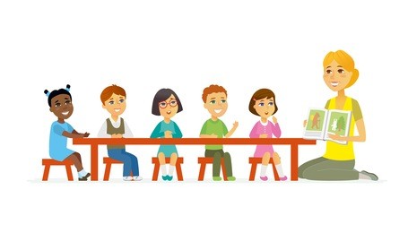 international kindergarten - cartoon people characters isolated illustration on white background. young smiling female nursery teacher shows children a pictured book, kids sitting around the table