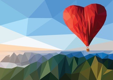 concept of valentines day. hot air balloon in a heart shape. low poly illustration.