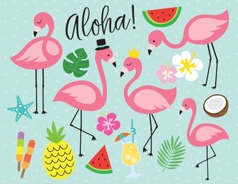 cute flamingo with tropical summer vector illustration graphic elements such as pineapple, watermelon, hibiscus, coconut, pina colada, etc.