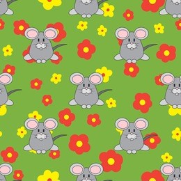flat line color vector seamless pattern cute animal for baby products - mouse. cartoon style. childrens doodle. flowers. newborn. vector illustration, element for design, wallpaper. kids toy. farm.