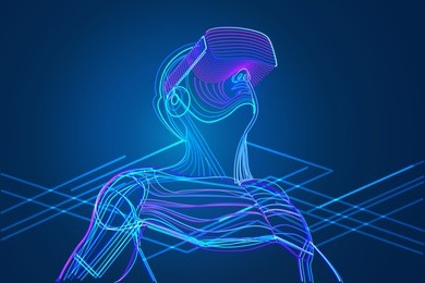man wearing virtual reality glasses. abstract vr world with neon lines. vector illustration