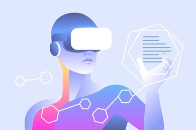 man wearing virtual reality glasses and touching vr interface. vector illustration