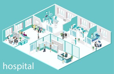 isometric flat interior of hospital room, pharmacy, doctor's office, waiting room, reception, mri, operating. doctors treating the patient. flat 3d illustration