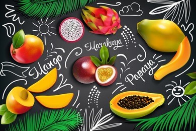 colored tropical fruits chalkboard composition with mango marakuya papaya cut in half vector illustration