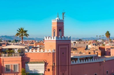 panoramic view of marrakech or marrakesh with the old part of town medina and minaret