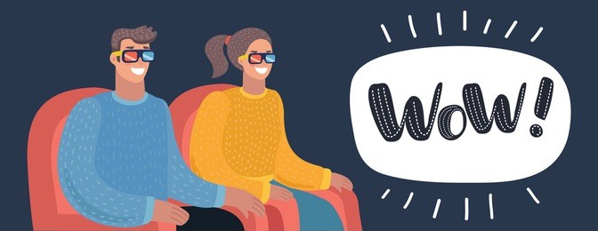 vector cartoon illustration of couple watching movie in cinema theater in 3d glasses. movie in stereo glasses. looking on the screen in dark movie hall. cinema advertising. horizontal banner