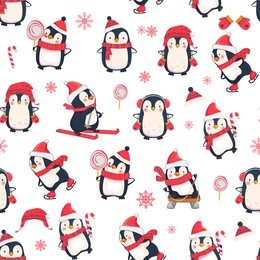 seamless pattern with penguins. cute penguin cartoon illustration. christmas animals pattern.