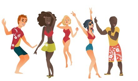 vector cartoon young people dancing at beach party set. cute beautiful hot slim women, girls in summer swimwear sunglasses and african black and caucasian men on vacation. isolated illustration