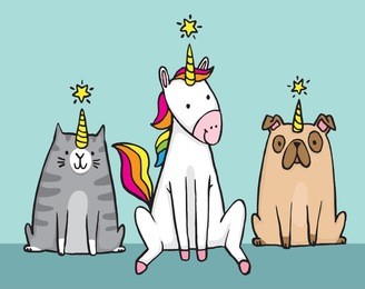 a unicorn and her pets. a cat (caticorn) and a pug (unipig). cute cartoon vector file. 