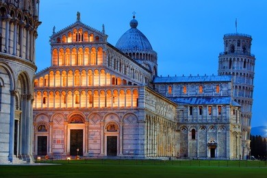 piazza dei miracoli, with the basilica and the leaning tower, pisa, italy