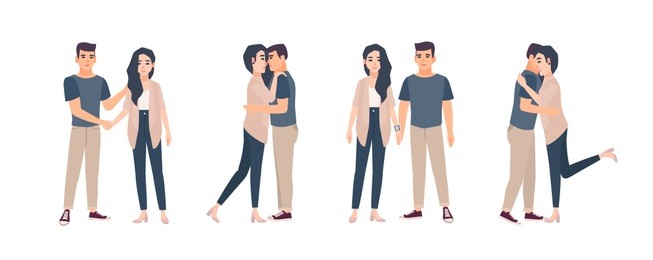 collection of young couple standing in various poses. bundle of man and woman embracing, hugging, holding hands. set of flat cartoon characters isolated on white background. vector illustration.
